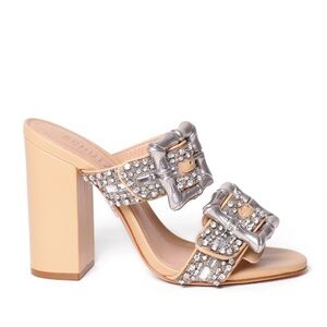 SCHUTZ Tan and Silver Heels with Crystal Embellishments